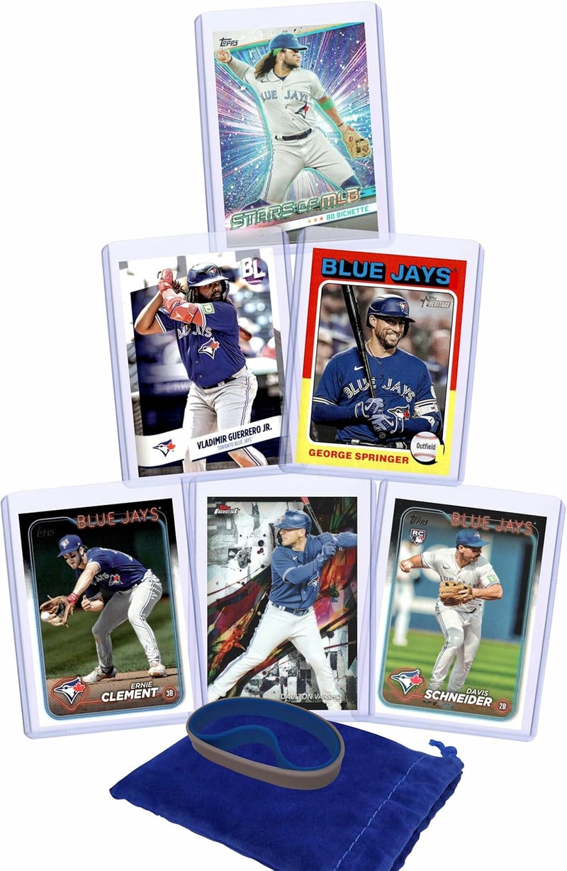 Chaser Toronto Blue Jays Cards: Vladimir Guerrero Jr., Bo Bichette, George Springer, Davis Schneider, Ernie Clement, Daulton Varsho ASSORTED Baseball Stars and GOATs Trading Card and Wristbands Gift Pack - Image 1